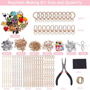 500pcs DIY keychain making kit with charms, rings, clasps, chains, letters and pliers.