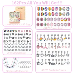 162pcs kids DIY charm bracelet making kit with jewelry box, colorful beads and metal charms.