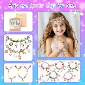 Close-up details of DIY charm bracelet kit with colorful beads and cute unicorn pendants.