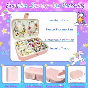 Kids DIY charm bracelet making kit with pink leather jewelry box storage organizer gift.