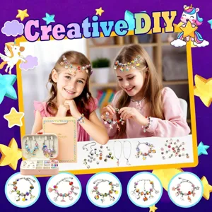 Kids DIY bracelet making kit with colorful crystal beads, charms, and jewelry storage box.