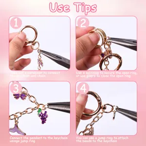 DIY keychain making kit instruction guide with tools and charms for handmade jewelry crafts.