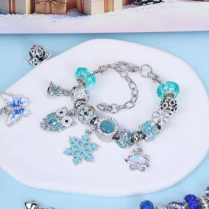 DIY blue series charm bracelet with snowflake and owl pendants, stylish holiday jewelry gift.