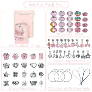 Kinder DIY Charm Armband Set mit rosa Schmuckkästchen und 66 bunten Perlen für Mädchen.