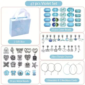 Kinder DIY 67tlg Violett Armband Set mit Geschenkbox Perlen Anhänger Bastelset für Mädchen