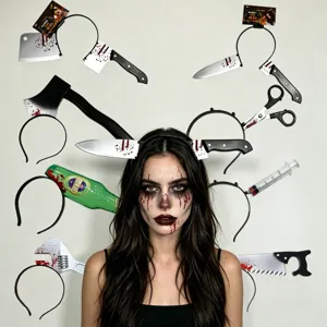 Cerchietto di Halloween Spaventoso Attraverso la Testa Mannaia Ascia Siringa Scherzo Oggetto di Scena Arma Insanguinata Copricapo Decorazione Festa