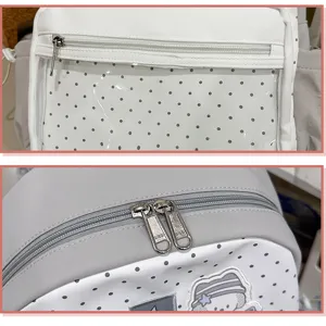 Vue détaillée de sac à dos avec poche transparente, motif pois et fermetures à glissière.