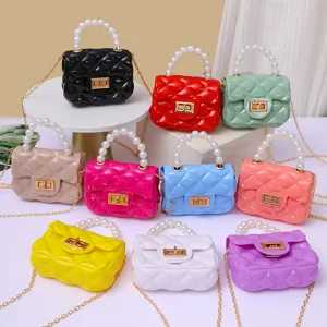Borsa A Spalla Da Donna In PVC Jelly Con Motivo A Rombi Colori Dolci Manico In Perla Artificiale Catena Di Metallo Tracolla Mini Borsa Quadrata Per Ragazze Accessori Abbinamento Quotidiano