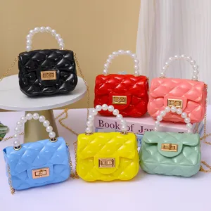 Carina borsa a tracolla in gelatina color caramella con manico di perle e catena per ragazze.