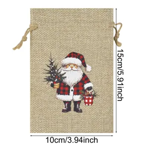 Close-up detail of a Christmas burlap drawstring bag with Santa Claus graphic and size dimensions.