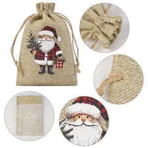 Christmas burlap drawstring gift bag linen small storage bag with cute Santa Claus print decor