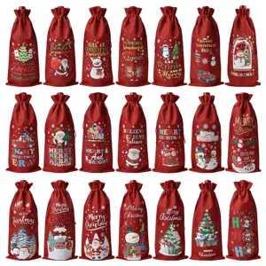 Christmas burlap wine bottle bag festive holiday party red wine champagne packaging gift bag detail