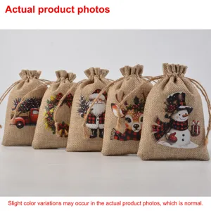 Christmas burlap jute drawstring gift bags set, rustic holiday candy storage bags for party.