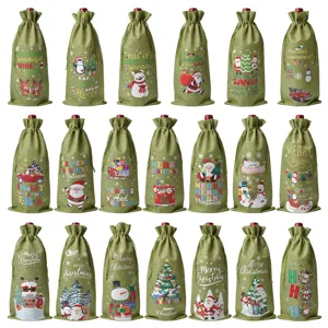 Christmas burlap wine bottle bags, rustic hessian wine gift pouches for holiday party decor.