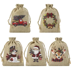 Christmas burlap gift bags set, rustic jute drawstring pouches for holiday candy treats.