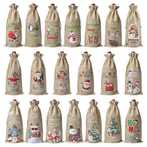 Various Christmas burlap wine bottle bags with festive prints and drawstring design details.