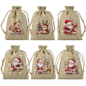 Christmas Burlap Drawstring Bags Set Holiday Gift Candy Storage Pouch Tree Decor