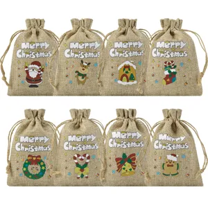 Christmas Burlap Drawstring Bags Xmas Linen Gift Pouches Reindeer Santa Claus Pattern Candy Treat Bags For Holiday Party Decoration