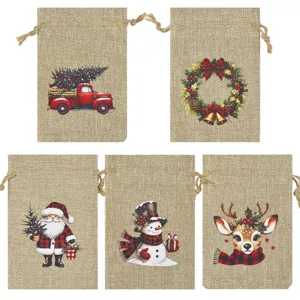 Details of rustic burlap Christmas drawstring gift bags featuring festive holiday prints.