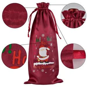 Kerst satijn wijnfles geschenkzak met Kerstman print en handig trekkoord sluiting design.