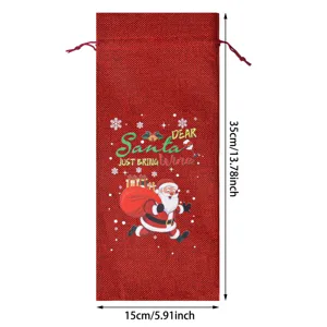 Christmas burlap wine bottle bag with Santa Claus print and drawstring closure, 35x15cm.