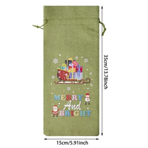 Christmas burlap wine bottle bag with drawstring, festive holiday gift packaging for champagne.