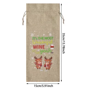 Christmas burlap wine bottle bag with cute reindeer print, 35x15cm reusable holiday gift pouch.