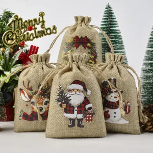 Christmas burlap jute gift bags with drawstring, rustic holiday candy storage bags set for Xmas party decor.