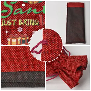 Detailed view of Christmas burlap wine bottle gift bag with festive Santa text and drawstring.