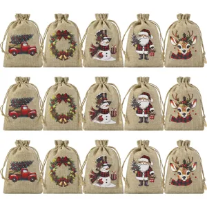 Christmas burlap gift bags with drawstring, rustic jute candy bags for holiday party decor.