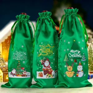 Groene sater kerst wijnfles zakken met feestelijke kerstman sneeuwman prints trekkoord verpakking
