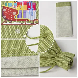 Christmas burlap wine bottle bag with festive sleigh and gift print, durable drawstring design.
