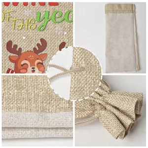 Christmas burlap wine bottle bag detail view showing cute reindeer print and drawstring.