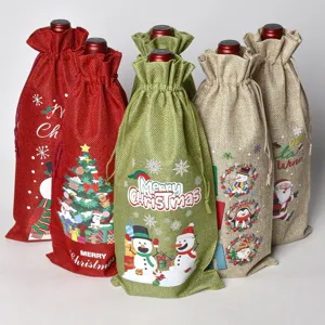 Christmas burlap wine bottle bags set, reusable holiday gift bags with drawstrings for party decor.