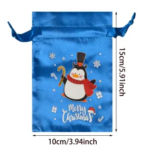 Sacchetto regalo con coulisse in satin di Natale blu simpatico pinguino caramelle festa 10x15cm