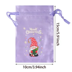 Sacchetto regalo natalizio in raso viola con stampa di gnomo carino, borsetta 15x10cm.