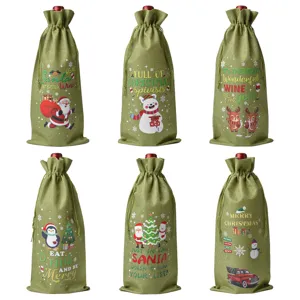 Christmas Faux Burlap Wine Bottle Gift Bag Drawstring Champagne Packaging Sleeve Santa Claus Snowman Reindeer Printed Holiday Party Table Decoration