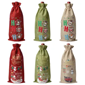 Christmas burlap wine bottle bag set, festive holiday gift packaging with drawstring design.