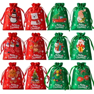 Sacchetti regalo natalizi in raso con coulisse, sacchetti di caramelle rossi verdi per feste.