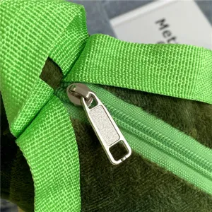 Grüner Plüsch Dinosaurier Rucksack Detailaufnahme, niedliche Zeichentricktasche mit Reißverschluss.