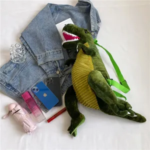 Grüner Dinosaurier Plüsch Rucksack Detailansicht, weiche Tiertasche für Kinder und Jugendliche.