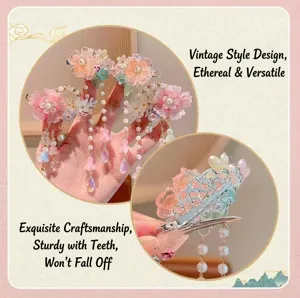 Primer plano de horquillas tradicionales chinas para niños con borlas florales y dientes.