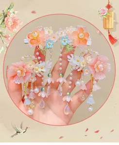 Pinzas para el cabello Hanfu para ninos con perlas y borlas, accesorio de estilo chino.