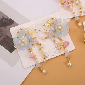 Niños Hanfu pinzas de pelo flor de vidrio perla borla retro estilo antiguo accesorios detalle