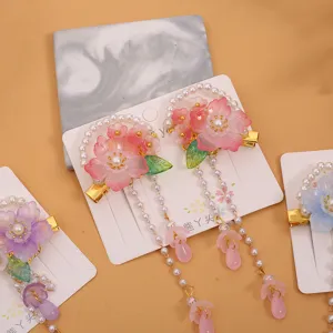 Pasadores de pelo Hanfu vintage para niños con borlas de perlas y flores de vidrio.
