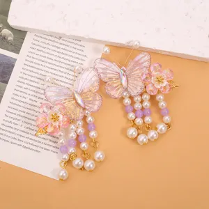 Niños estilo antiguo Hanfu horquillas mariposa rosa perla borla accesorios pelo