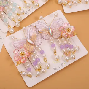 Niños estilo antiguo Hanfu horquillas de pelo mariposa perla borla pinza 2 piezas