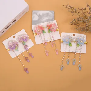 Niños estilo antiguo Hanfu horquillas perlas esmaltadas borla accesorios retro