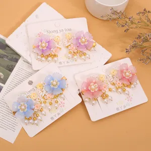 Detalles de pinzas para el cabello florales de estilo antiguo chino con borlas de perlas para niños.