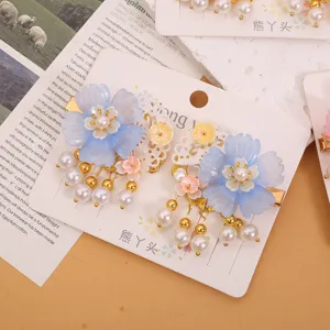 Horquillas para el pelo infantiles con flores de vidrio azul y colgantes de perlas antiguas